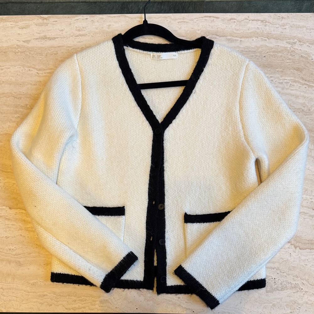 OAK + FORT Ivory Cardigan with Black Trim